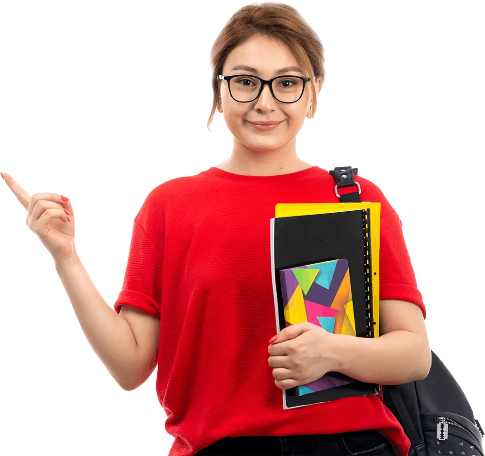 Smiling student holding notebooks and pointing
