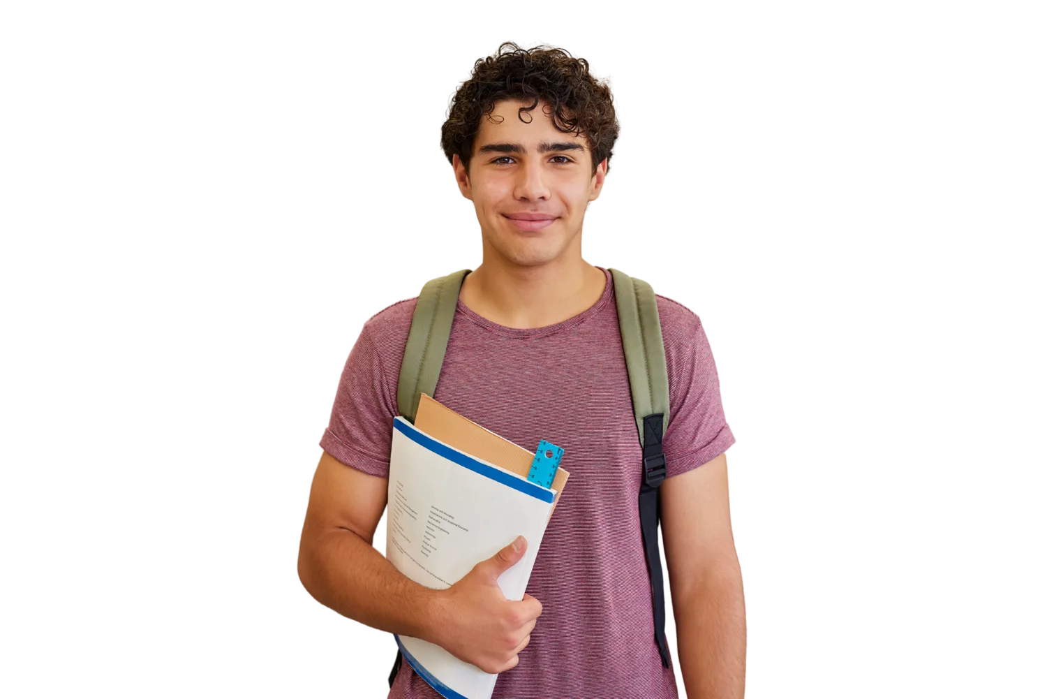 High school student with a backpack holding notebooks